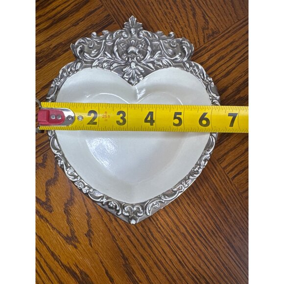 Hollywood Regency Style Heart Shaped Ceramic Trinket Dish Silver Trim - Picture 3 of 5